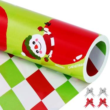 Imagem de EWES Conjunto de rolos de papel de embrulho de Natal infantil, papel de embrulho verde engraçado, estampa fofa com boneco de neve, maçã de Natal, reversível, total de 28,5 m²