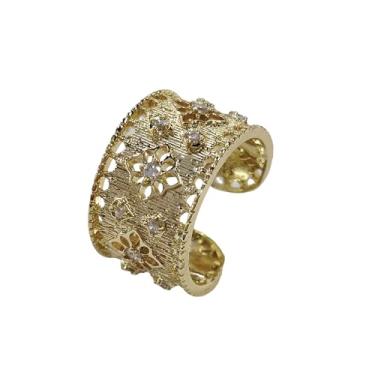 Imagem de Dtja Anel de declaração de textura de flor oca CZ para mulheres vintage strass filigrana floral banda larga anéis de dedo ajuste confortável boêmio aniversário festa casamento vestido acessórios joias
