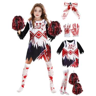 Imagem de Zombie Cheerleader Costume for Girls with 6 Pieces Set, Scary Bloody Dead Leader Halloween Dress Outfit with Gloves, Socks, Bow & Pom Poms for Kids, Teens, Women,Bloody Halloween Dress Up Outfits