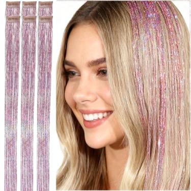 Imagem de CelineBella Presilha de cabelo rosa com ferramentas 80 fios/peças de cabelo de fada para o ano novo, Halloween, cosplay, cabelo brilhante para crianças e meninas