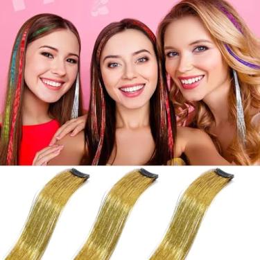 Imagem de Grampos de cabelo com tinsel de cabelo colorido 3 peças, 19,8 polegadas 1060 fios decorações de cabelo coloridas acessórios de grampos de cabelo (pacote com 3, ouro #)
