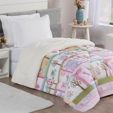 Imagem de Coberdrom Coruja Doly Solteiro Infantil Sherpa Toque Lã de Carneiro 1 Peça - Rosa