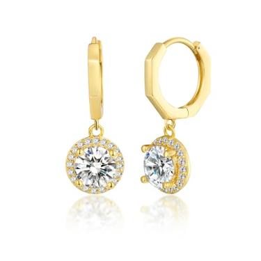 Imagem de MDFUN Brincos de argola com pingente de auréola banhado a ouro branco 18 quilates, redondo, princesa, coração, corte em gota, zircônia cúbica transparente para mulheres, Ouro amarelo, Zircônia cúbica