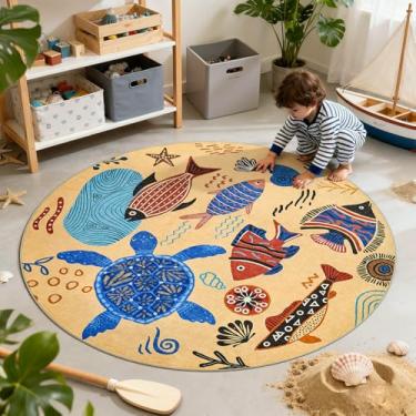 Imagem de jinchan Tapete redondo de 1,2 m, redondo, litoral, submarino, oceano, náutico, tema antiderrapante, lavável, entrada macia para ambientes internos para quarto de crianças, cozinha, banheiro, decoração