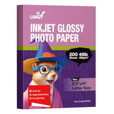 Imagem de Uinkit 8,5 x 11 21,8 kg, 180 g/m², a granel, 200 folhas, papel fotográfico profissional brilhante, tamanho carta, 8,5 mil, secagem instantânea, adequado para todas as impressoras de tinta