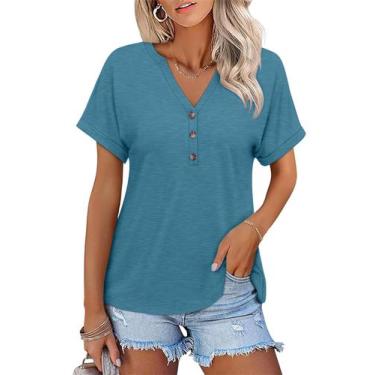 Imagem de Camiseta feminina TICTICMISS com decote em V e manga curta turquesa