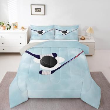 Imagem de Jogo de cama casal com estampa de hóquei no gelo, jogo de bola, jogos esportivos de hóquei, para crianças, meninas, meninos, jogos competitivos, trabalho em equipe, decoração de quarto de esportes de