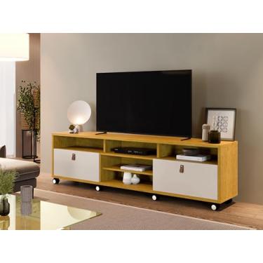 Imagem de Rack Genova TV Moderno, MDP/MDF Natural/Off White, 2 Gavetas com Corrediças Telescópicas, Para TV até 65 Polegadas, 190x57x39.5cm, 8 Rodízios