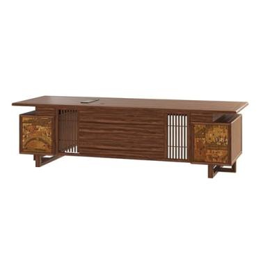 Imagem de Mesa de trabalho Mesa executiva de escritório estética chinesa com gavetas e armário armazenamento, mesa espaçosa para em casa 78" tomadas carregamento
