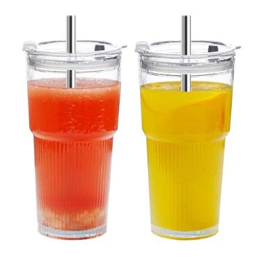 Imagem de Copos de vidro com tampas e canudos, xícaras de café geladas, design canelado elegante, copos de café de vidro com tampas, copos para smoothies, chá, suco, à prova de vazamento, ideais para uso