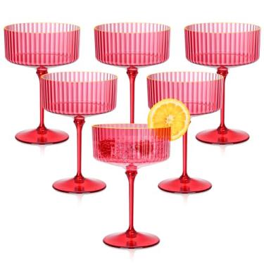 Imagem de 12 peças de copos de cupê com nervuras de 290 ml copo de martini com borda dourada destacável de plástico vermelho champanhe copo vintage Margarita copos de coquetel descartáveis com haste para dia