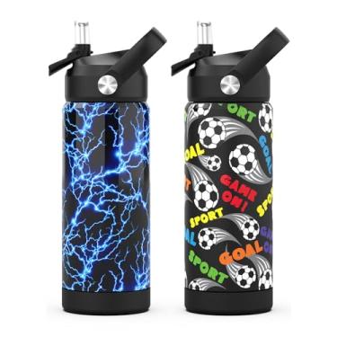 Imagem de Garrafa de água para meninos com canudo, copos isolados de aço inoxidável à prova de vazamento de 510 g para escola, esporte e viagem (pacote com 2, Lightning + futebol)