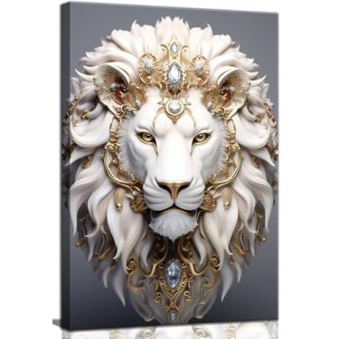 Imagem de Arte de parede em tela de leão branco retratos de animais selvagens imagens de avatar decoração moderna grande ouro diamante besta pôsteres impressões para sala de jantar, sala de estar, quarto