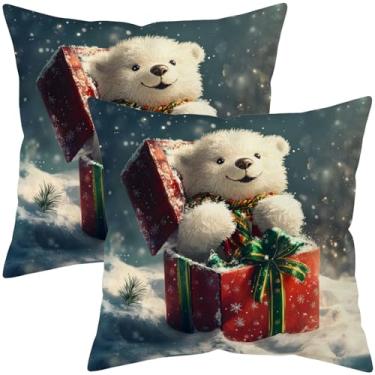Imagem de Capas de almofada de presente de urso de Natal 45,7 x 45,7 cm, capas de almofada com estampa dupla face com urso polar fofo e caixa de presente, fronhas festivas de férias para sofá (embalagem com 2)