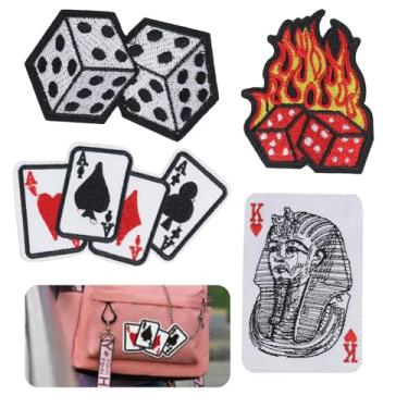 Imagem de 4 peças adesivos europeus e americanos punk chama dados pôquer bordados, emblemas faça você mesmo, acessórios de roupas, jaquetas, camisas, chapéus, mochilas, adesivos de jeans