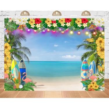 Imagem de PEKRU Tecido de 2,1 x 1,5 m Havaí Luau Aloha cenário fotográfico flor tropical praia ensolarada para o verão festa na piscina fundos fotográficos adereços de estúdio fotográfico
