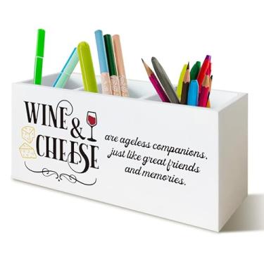 Imagem de YTRGI Porta-lápis da amizade de vinho e queijo, suporte de utensílios de cozinha para mesa, melhores amigos, vinho, queijo, presentes, caixa de madeira, placa de bloco para casa, bar, fazenda