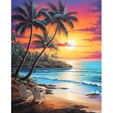 Imagem de VNUIEHG Pintura de praia cênica por número para adultos, kit de pintura a óleo DIY em tela com pincéis e pigmento acrílico, perfeito para pintar por números para adultos iniciantes, para decoração de