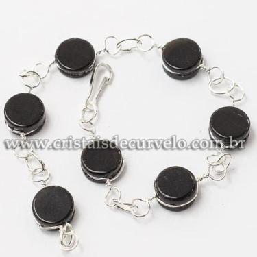 Imagem de Pulseira Disco Ranhurado Obsidiana Negra Prateado - 5 Unidades - Crist