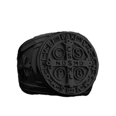 Imagem de REchoLI Anel de cruz masculino preto de aço inoxidável São Bento CSPB Cruz Religião Anel Joia Cristã Tamanho 8-12, Metal, Sem pedra preciosa