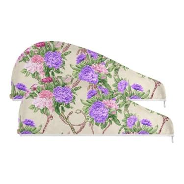 Imagem de SEHANY Toalha de cabelo de microfibra Elegant Roses para mulheres, 2 peças, turbantes de cabelo de secagem rápida com botão, touca de cabelo seco absorvente toalha de secagem de cabelo para cabelos