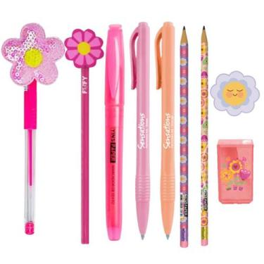 Imagem de Kit Papelaria Fofa Flowers 2 Kawaii Lapis Borracha Apontador Caneta Fo