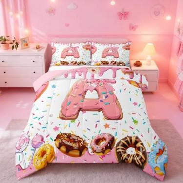 Imagem de Erosebridal Conjunto de cama infantil com laço rosa, edredom com estampa de letra A personalizado, edredom com laço fofo feminino, nó de borboleta, monograma de princesa, para decoração de quarto