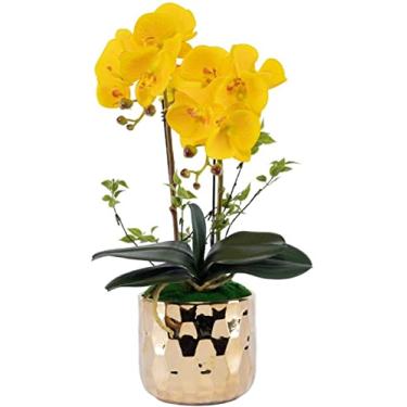 Imagem de LMJYU Flores artificiais orquídeas flores artificiais Phalaenopsis, flores falsas de orquídea em vaso de cerâmica dourada