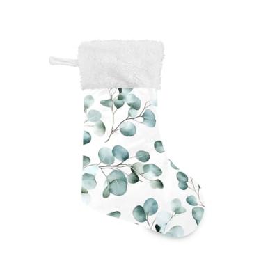 Imagem de Wassud Meias de Natal com folhas de eucalipto meias grandes de Natal de 45,7 cm com punho branco pendurado decoração de férias 1 pacote