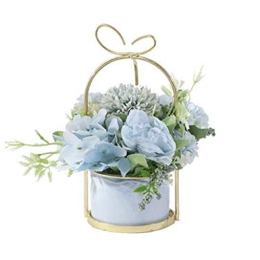 Imagem de LMJYU Flor artificial com vaso orquídea buquê de hortênsia artificial com vaso de cerâmica pequeno flores falsas com vaso buquê de flores falsas orquídea de toque real (A)