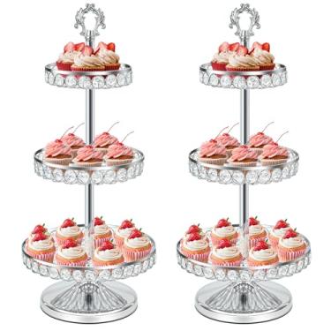 Imagem de KEHAIL Conjunto de bandeja redonda de cupcake de metal, suporte de exibição de sobremesa de cristal para casamentos, aniversários, centros de mesa de festa, lanches e pratos de frutas (prata, 2 peças