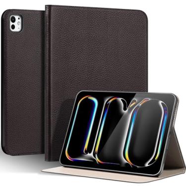 Imagem de Thryxop Capa de couro genuíno para iPad Pro 11 polegadas (M5/M4) 2025/2024 | Capa protetora fina com suporte ajustável, despertar/hibernar automaticamente, couro premium | marrom escuro