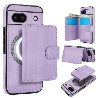Imagem de Carteira removível para Google Pixel 8A, compatível com Magsafe, capa de carregamento sem fio com suporte para cartão, compartimento para dinheiro, suporte 2 em 1 à prova de choque (roxa)