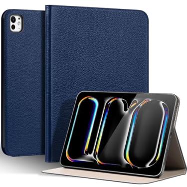 Imagem de Thryxop Capa de couro genuíno para iPad Pro 11 polegadas (M5/M4) 2025/2024 | Capa protetora fina com suporte ajustável, despertar/hibernar automaticamente, couro premium | Azul