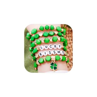 Imagem de Hremhoo Pulseiras de Dia de São Patrício para mulheres, homens, contas verdes, chapéu de trevo, pingente, letras da sorte, pulseiras empilháveis, berloque, pulseira irlandesa, verde, presente de dia