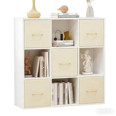 Imagem de Organizador de armazenamento com 9 cubos – estante de madeira maciça com 5 caixas de armazenamento, prateleira de cubo com 3 painéis traseiros removíveis, estante vertical ou horizontal, prateleira