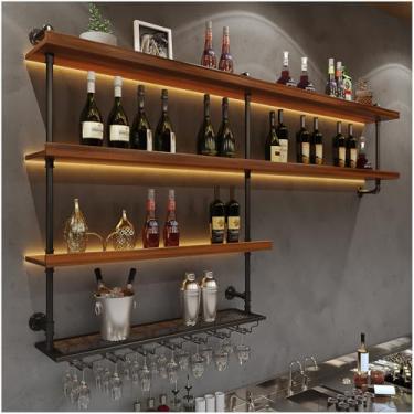 Imagem de TTYXSUEPT Rack de vinho montado na parede de madeira maciça, grande rack de vinho com luz LED, prateleiras flutuantes de garrafas de licor de 4 camadas com suporte de vidro, prateleiras de bar
