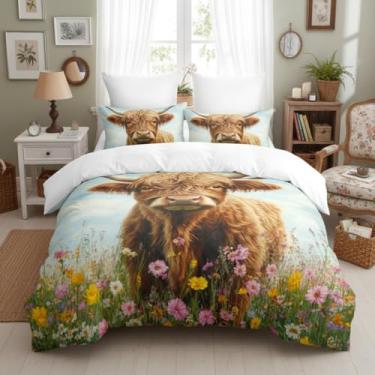 Imagem de CCoutueChen Jogo de cama solteiro para meninos, estampa floral de gado, edredom de microfibra quente com 1 fronha/68 x 86