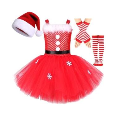 Imagem de Fantasia De Natal Vermelha Para Meninas Com Vestido Tutu, Chapéu E Mei