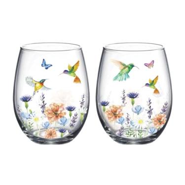 Imagem de Whaline 2 peças copos de vinho sem haste beija-flor transparente 500 ml copos coloridos flor pássaro borboleta copos para suprimentos de festa de primavera