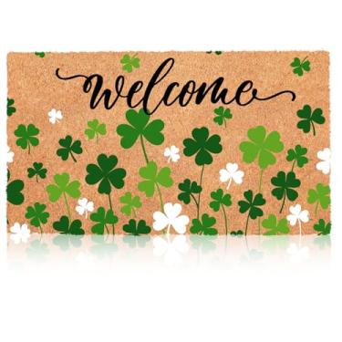 Imagem de Blosssound Capacho de trevo do dia de São Patrício, 43 x 73 cm, natureza, coco, bem-vindo, tapetes decorativos de cozinha, tapetes antiderrapantes para decoração interna e externa, capacho irlandês de