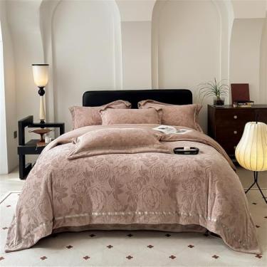 Imagem de Conjunto de quatro peças de lã de leite grossa e leve para o inverno, com detalhes esculpidos. Inclui lençol de lã coral dupla face, capa de edredom, na cor cáqui, tamanho queen (4 peças).