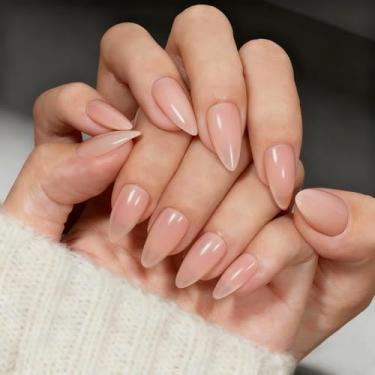Imagem de SXVME Nude Pink Press On Nails Amêndoa – Pregos Pressionados de Verão Estilete Médio, Unhas Postiças Rosa Transparente Sólido com Cola, Ajuste Perfeito, Gel Macio Reutilizável Stick nas Unhas para
