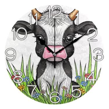 Imagem de GAIGEO Relógio de parede decorativo analógico escritório cozinha relógio operado por bateria silencioso, decoração de parede retrô moderna art déco, branco preto bonito vaca highland, 25 cm, ponteiros