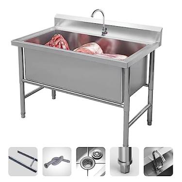 Imagem de Pia de aço inoxidável independente, pias utilitárias de aço inoxidável, conjunto de pia de cozinha de restaurante comercial, com kit de drenagem, para restaurante, lavanderia, garagem (100 cm/39,4 pol