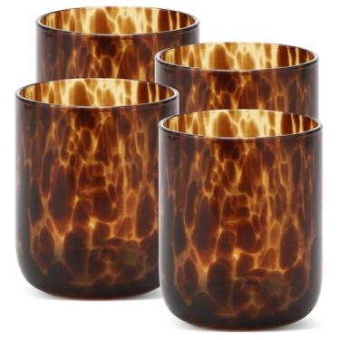 Imagem de Honeydak Conjunto de 4 copos de pedras marrons com estampa de leopardo tartaruga 283 g copos elegantes sem haste copo de vidro ideal para gim, tequila, vodca, refrigerantes 8 x 8 x 10 cm