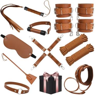 Imagem de Kit BDSM 12 Peças em Couro Sintético, Preto, Bondage Fetiche com Chicote, Mordaça, Algemas, Coleira, Chibata, Cordas Shibari, Venda (Marrom, Unico)