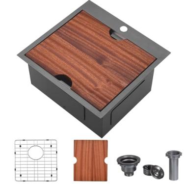 Imagem de VCCUCINE — Pia de cozinha pequena, 38 x 38 cm, pia de cozinha pequena, aço inoxidável, calibre 16, pia de preparação de tigela única externa com placa de corte e coador