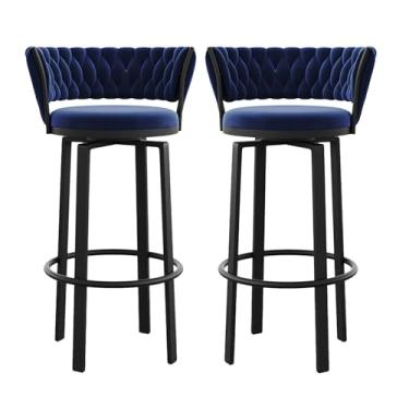 Imagem de Conjunto de 2 banquetas giratórias para bancadas de cozinha com encosto trançado, assento de veludo, pernas de metal preto, altura do assento 65 cm