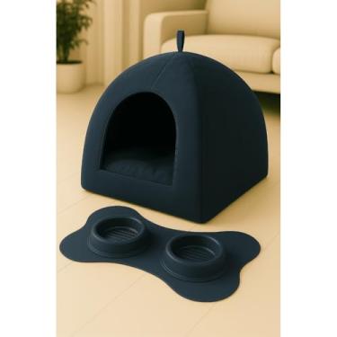 Imagem de Cama e Toca Pet 2 em 1 – Almofada Removível, Fundo Impermeável – Conforto para Cães e Gatos Pequenos e Médios(Suede Azul + Tapete comedouro,M)